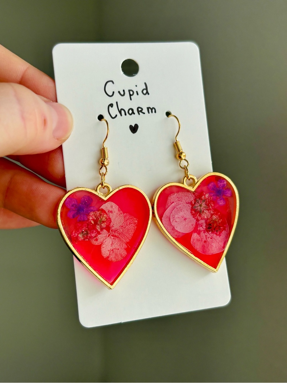Cupid Charm Resin Heart Earrings Handmade Real Dried Flower Romantic Gift